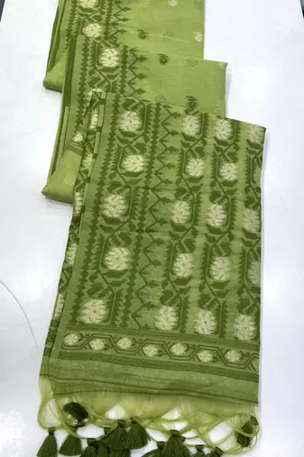 Parrot Green Color Zari Weaving butti Work Cotton Saree