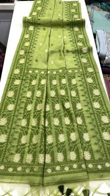 Parrot Green Color Zari Weaving butti Work Cotton Saree 3