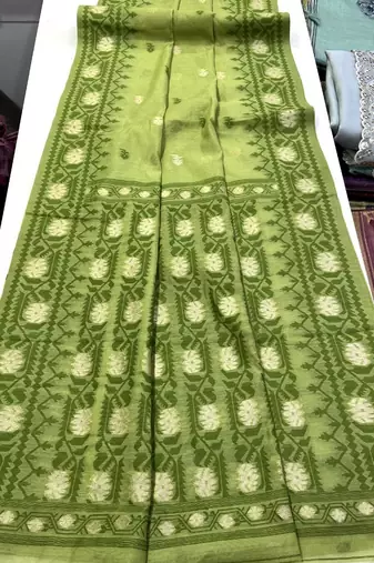 Parrot Green Color Zari Weaving butti Work Cotton Saree