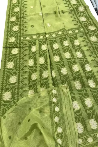 Parrot Green Color Zari Weaving butti Work Cotton Saree