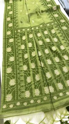 Parrot Green Color Zari Weaving butti Work Cotton Saree 5