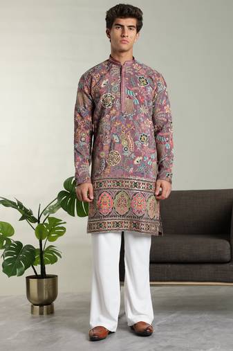 Men's stylish rayon silk sequins position embroidery kurta pant set