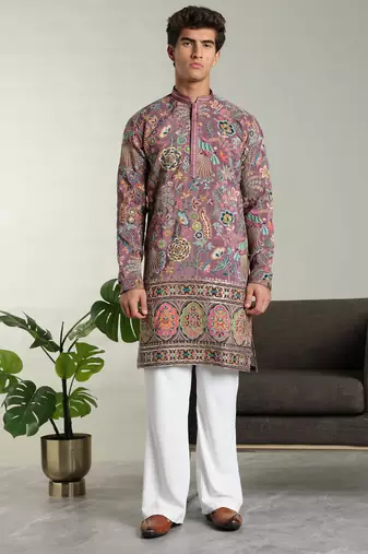 Men's stylish rayon silk sequins position embroidery kurta pant set