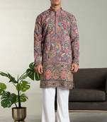 Men's stylish rayon silk sequins position embroidery kurta pant set