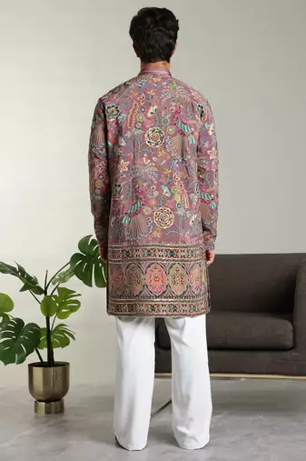 Men's stylish rayon silk sequins position embroidery kurta pant set