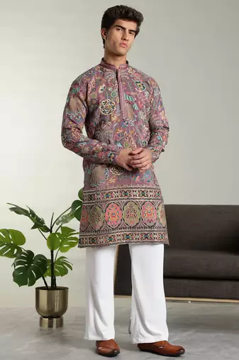 Men's stylish rayon silk sequins position embroidery kurta pant set