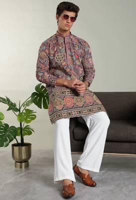Men's stylish rayon silk sequins position embroidery kurta pant set 4