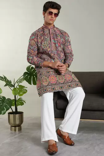 Men's stylish rayon silk sequins position embroidery kurta pant set