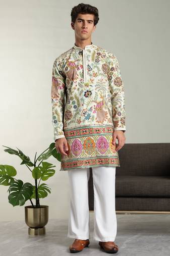 Men's stylish rayon silk sequins position embroidery kurta pant set