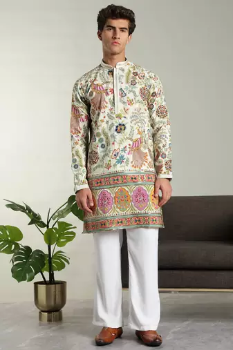 Men's stylish rayon silk sequins position embroidery kurta pant set
