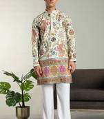 Men's stylish rayon silk sequins position embroidery kurta pant set