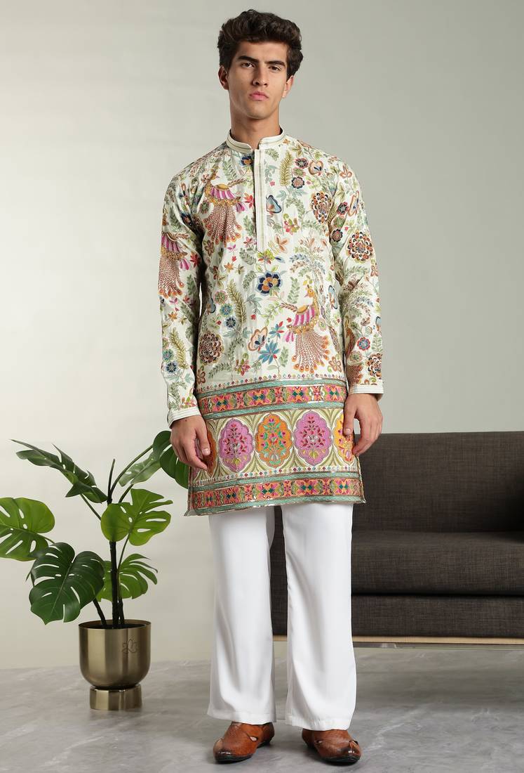 Men's stylish rayon silk sequins position embroidery kurta pant set