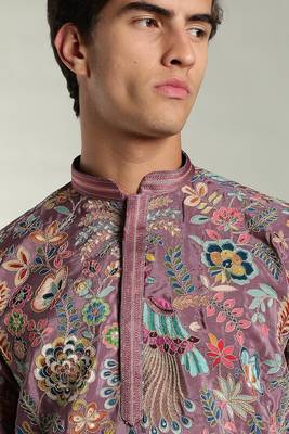 Men's stylish rayon silk sequins position embroidery kurta pant set 5