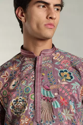 Men's stylish rayon silk sequins position embroidery kurta pant set