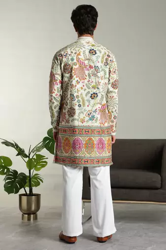 Men's stylish rayon silk sequins position embroidery kurta pant set