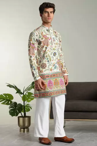 Men's stylish rayon silk sequins position embroidery kurta pant set