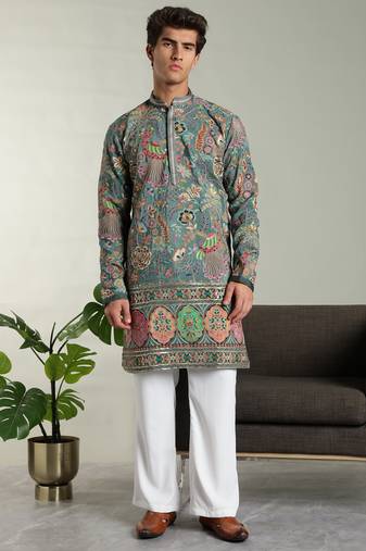 Men's stylish rayon silk sequins position embroidery kurta pant set