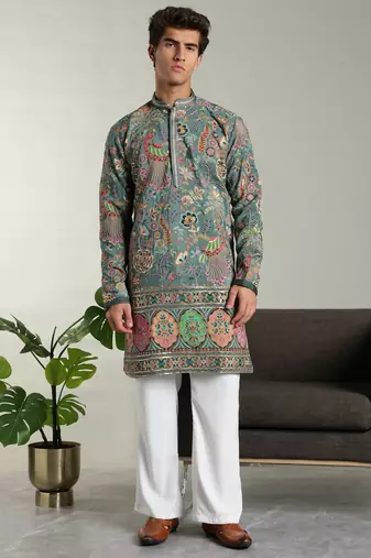 Men's stylish rayon silk sequins position embroidery kurta pant set