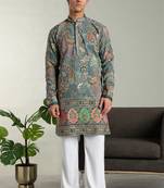 Men's stylish rayon silk sequins position embroidery kurta pant set