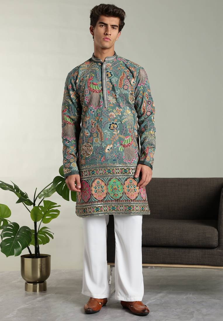 Men's stylish rayon silk sequins position embroidery kurta pant set