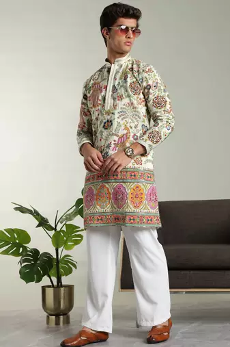Men's stylish rayon silk sequins position embroidery kurta pant set