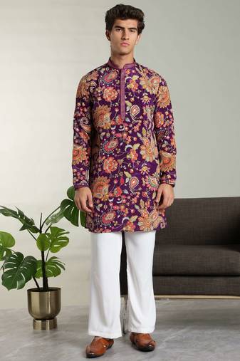 Men's stylish rayon silk sequins position embroidery kurta pant set