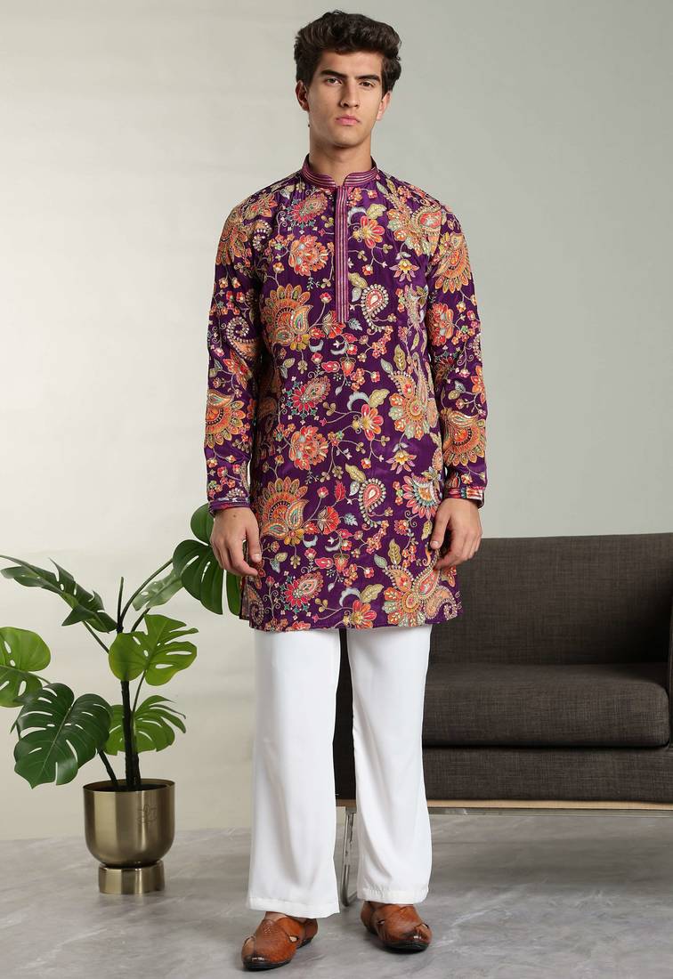 Men's stylish rayon silk sequins position embroidery kurta pant set