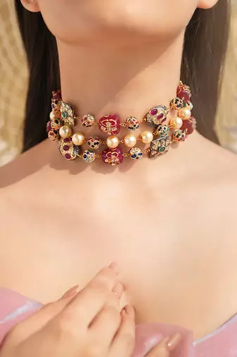 Gold plated kamini red beaded choker
