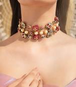 Gold plated kamini red beaded choker