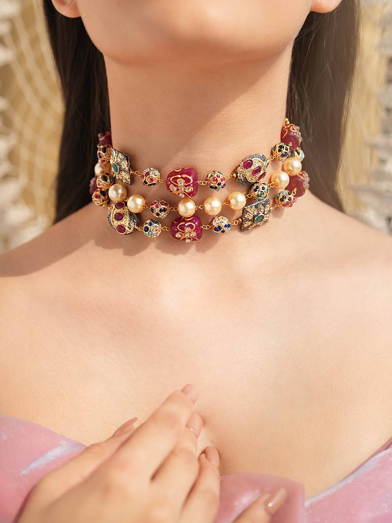 Gold plated kamini red beaded choker