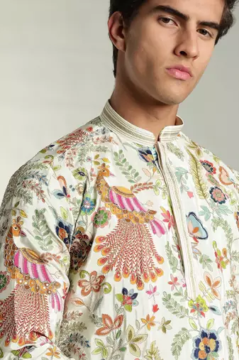Men's stylish rayon silk sequins position embroidery kurta pant set