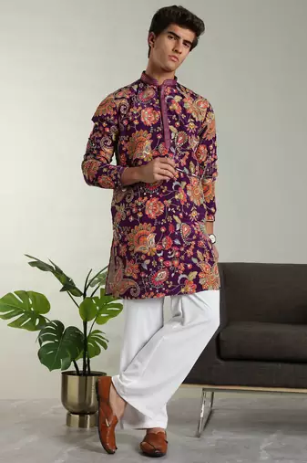 Men's stylish rayon silk sequins position embroidery kurta pant set