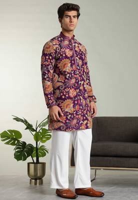 Men's stylish rayon silk sequins position embroidery kurta pant set 3