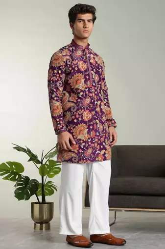 Men's stylish rayon silk sequins position embroidery kurta pant set