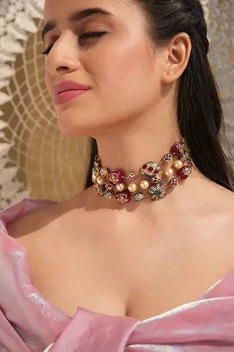 Gold plated kamini red beaded choker