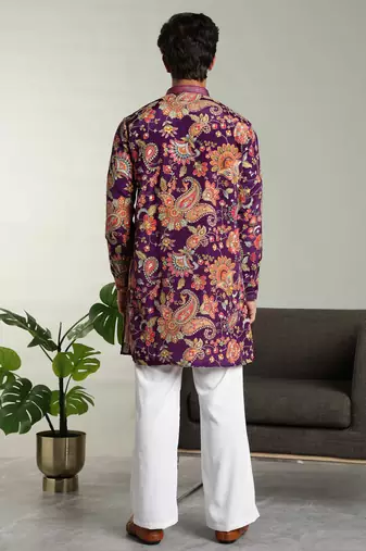 Men's stylish rayon silk sequins position embroidery kurta pant set
