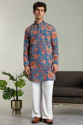 Men's stylish rayon silk sequins position embroidery kurta pant set