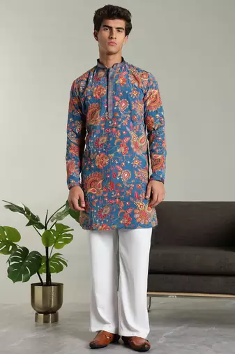Men's stylish rayon silk sequins position embroidery kurta pant set
