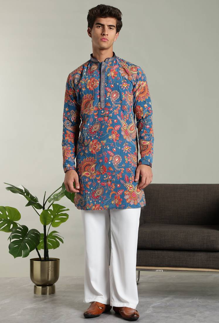 Men's stylish rayon silk sequins position embroidery kurta pant set