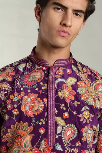 Men's stylish rayon silk sequins position embroidery kurta pant set