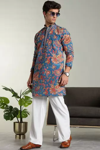 Men's stylish rayon silk sequins position embroidery kurta pant set