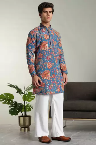 Men's stylish rayon silk sequins position embroidery kurta pant set