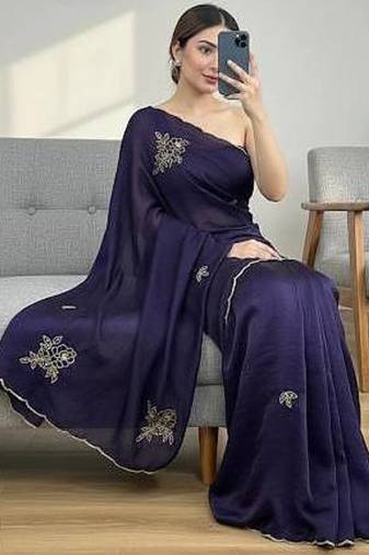 Purple Color Katdana And Pearls Handwork Space Silk Saree