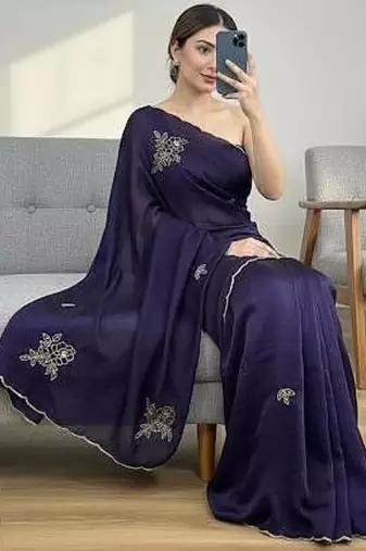 Purple Color Katdana And Pearls Handwork Space Silk Saree