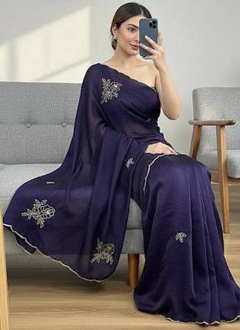 Purple Color Katdana And Pearls Handwork Space Silk Saree