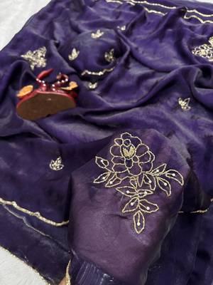 Purple Color Katdana And Pearls Handwork Space Silk Saree 5