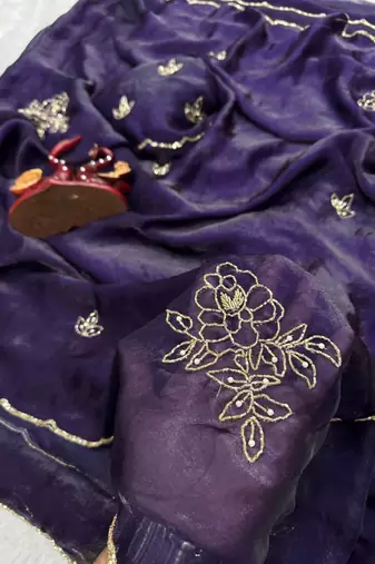 Purple Color Katdana And Pearls Handwork Space Silk Saree