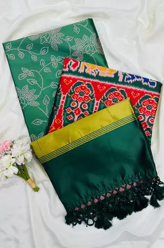 Green Color Printed zari lining stripe border Work silk Saree