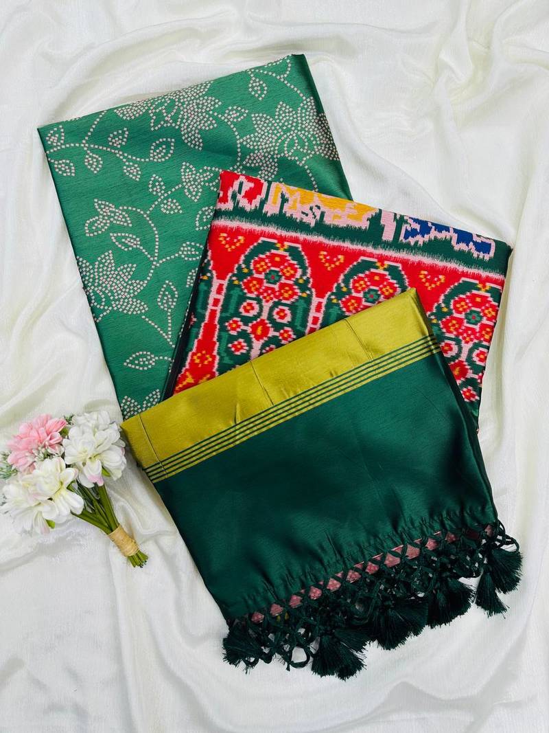 Green Color Printed zari lining stripe border Work silk Saree