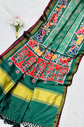 Green Color Printed zari lining stripe border Work art silk saree